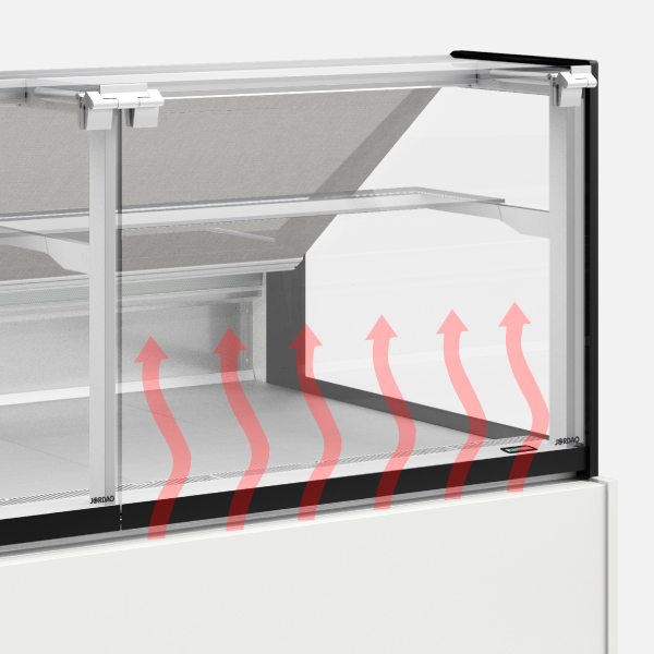 Prateleira intermédia em vidro com iluminação para produtos não refrigerados.